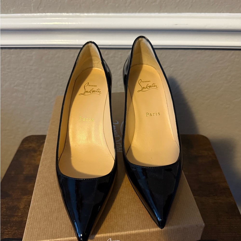 Christian Louboutin Black Patent Leather Pointed Toe Pumps with Red Soles - Picture 10 of 13